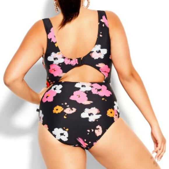 NWT City Chic Izzy black floral Print 1 Piece middle cut out monokini Swimsuit - Picture 2 of 16